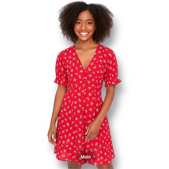 Madewell 100% Silk Red‎ Floral Lilies Dress Ruffle Sleeve Lined Fit & Flare Sz 6